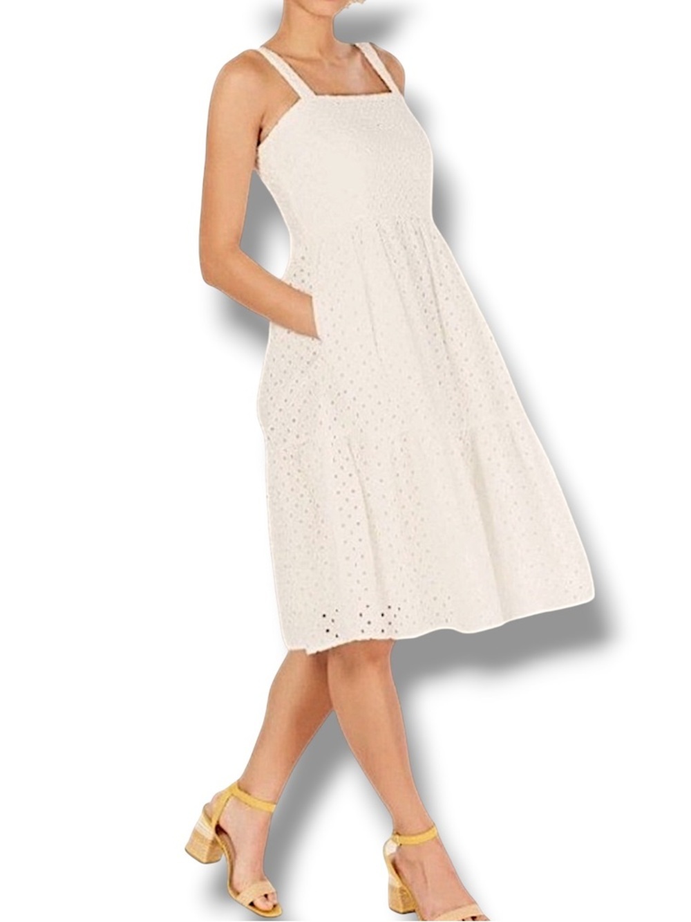Vince Camuto Eyelet Sundress White Cotton Classic Square Neck Dress Lined 16 - Picture 7 of 16